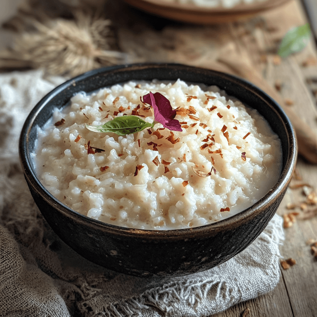 A bowl of creamy rice porridge topped with milk and a sprinkle of cinnamon.