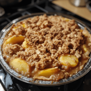 A golden peach crumble topped with crispy streusel and served with a scoop of vanilla ice cream.