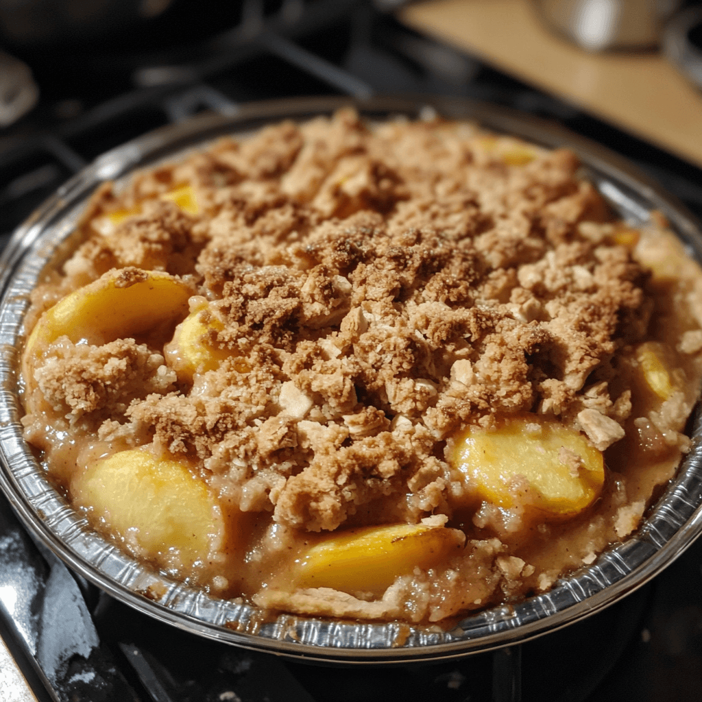 A golden peach crumble topped with crispy streusel and served with a scoop of vanilla ice cream.