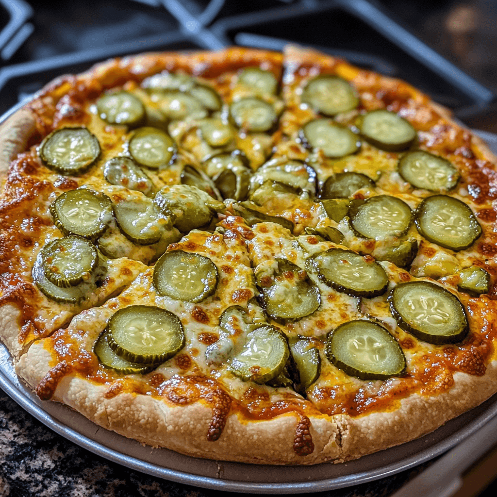 A unique pickle pie pizza topped with tangy pickles, melted cheese, and savory seasonings on a crispy crust.