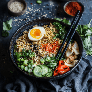 A bowl of healthy ramen with vibrant vegetables, lean protein, and flavorful broth.