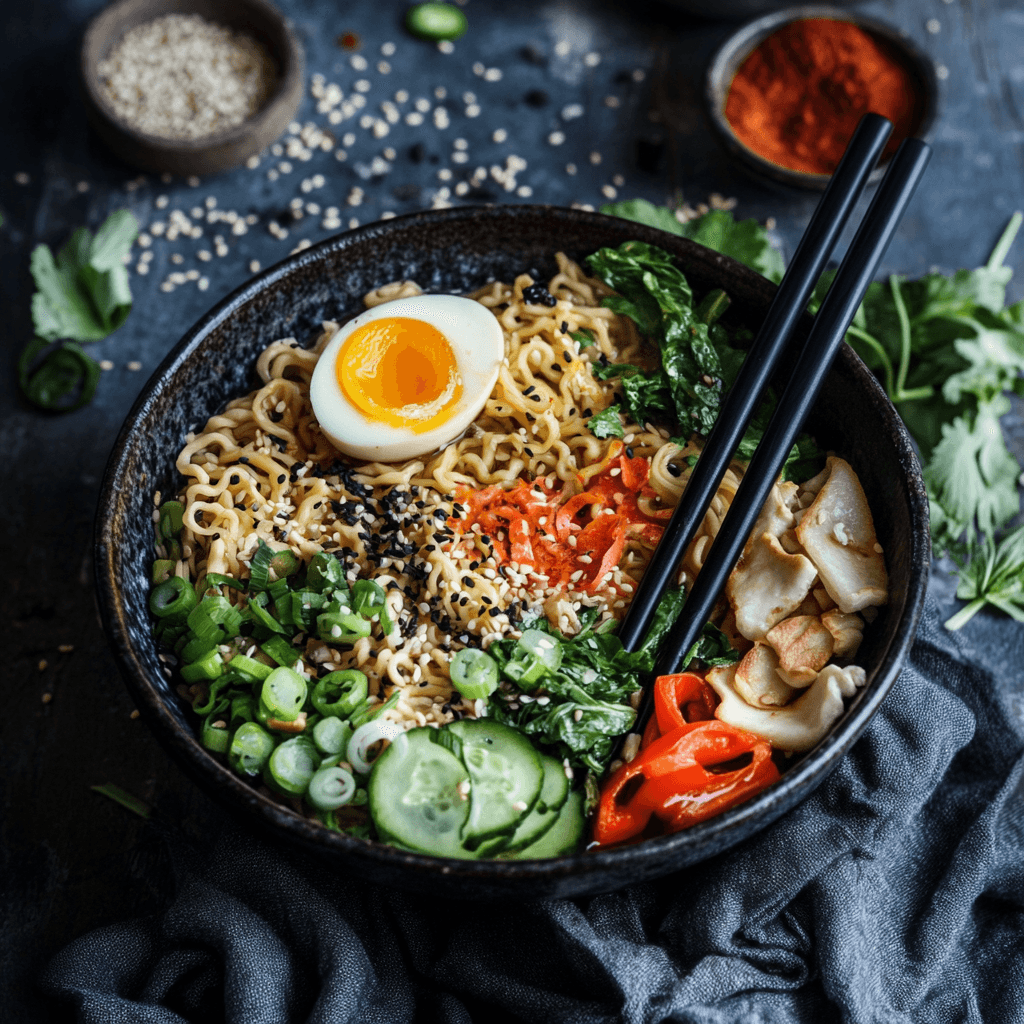 A bowl of healthy ramen with vibrant vegetables, lean protein, and flavorful broth.