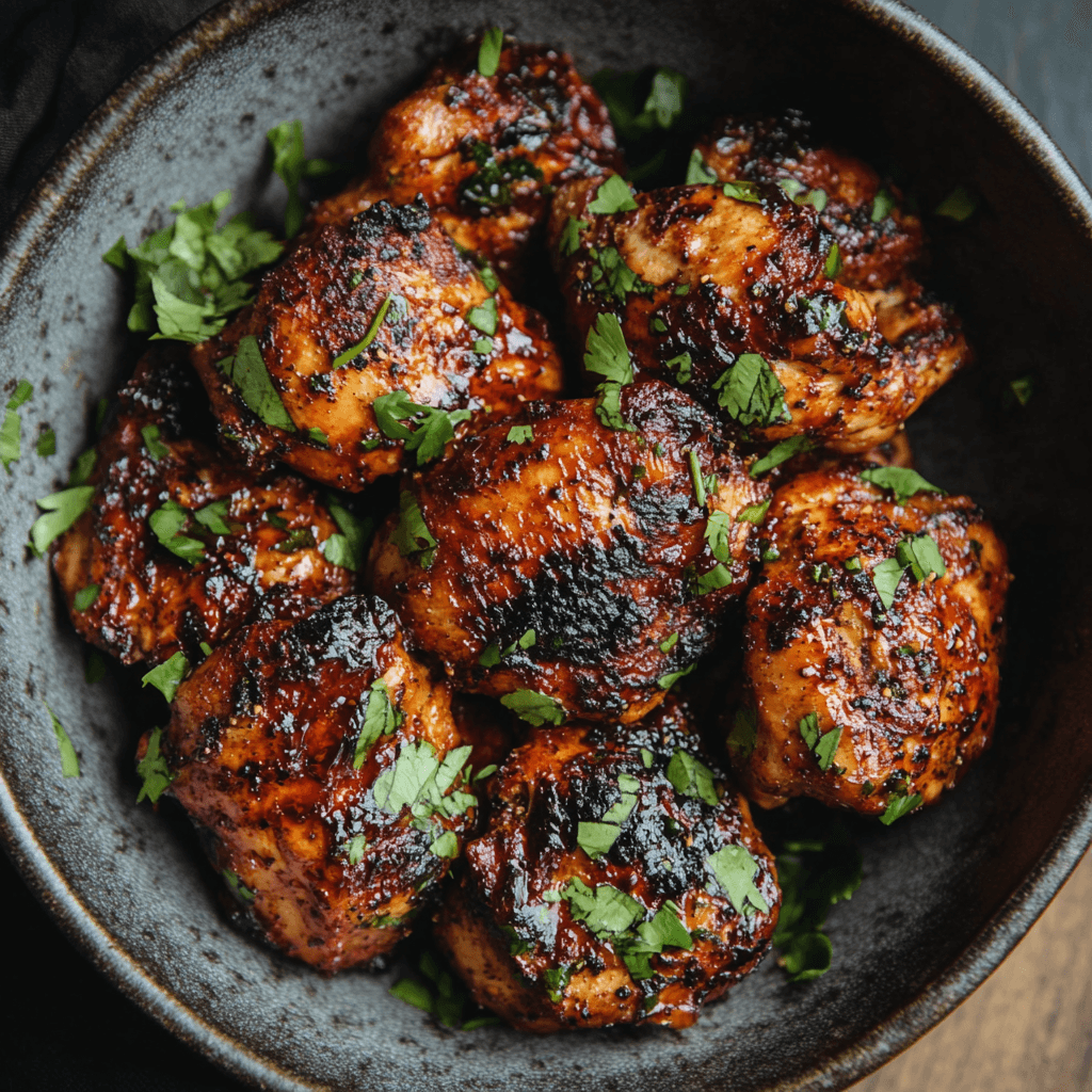 Juicy sumac chicken cooked to perfection, garnished with herbs and spices.