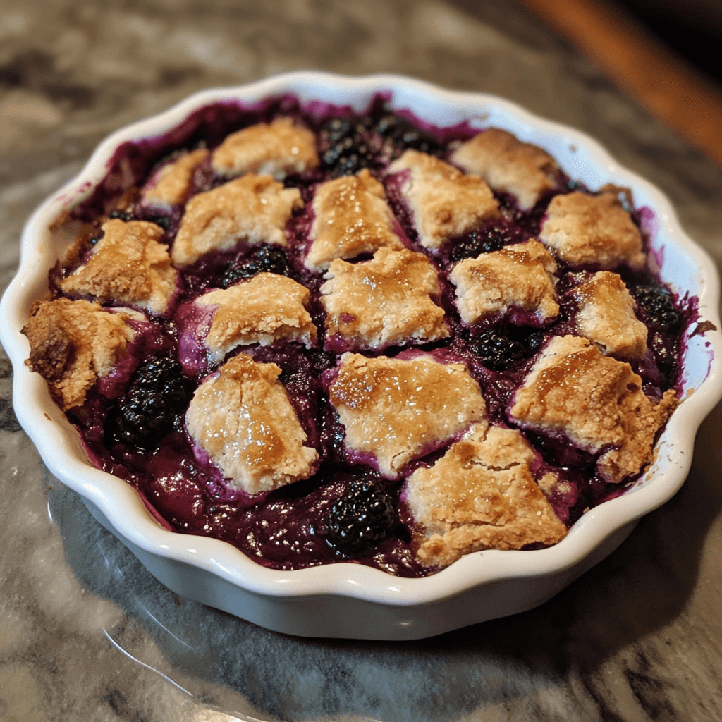 A homemade blackberry cobbler made with cake mix, topped with a golden, crumbly crust and fresh blackberries.
