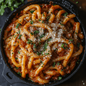 A plate of freshly cooked casareccia pasta topped with a savory tomato sauce and fresh basil.