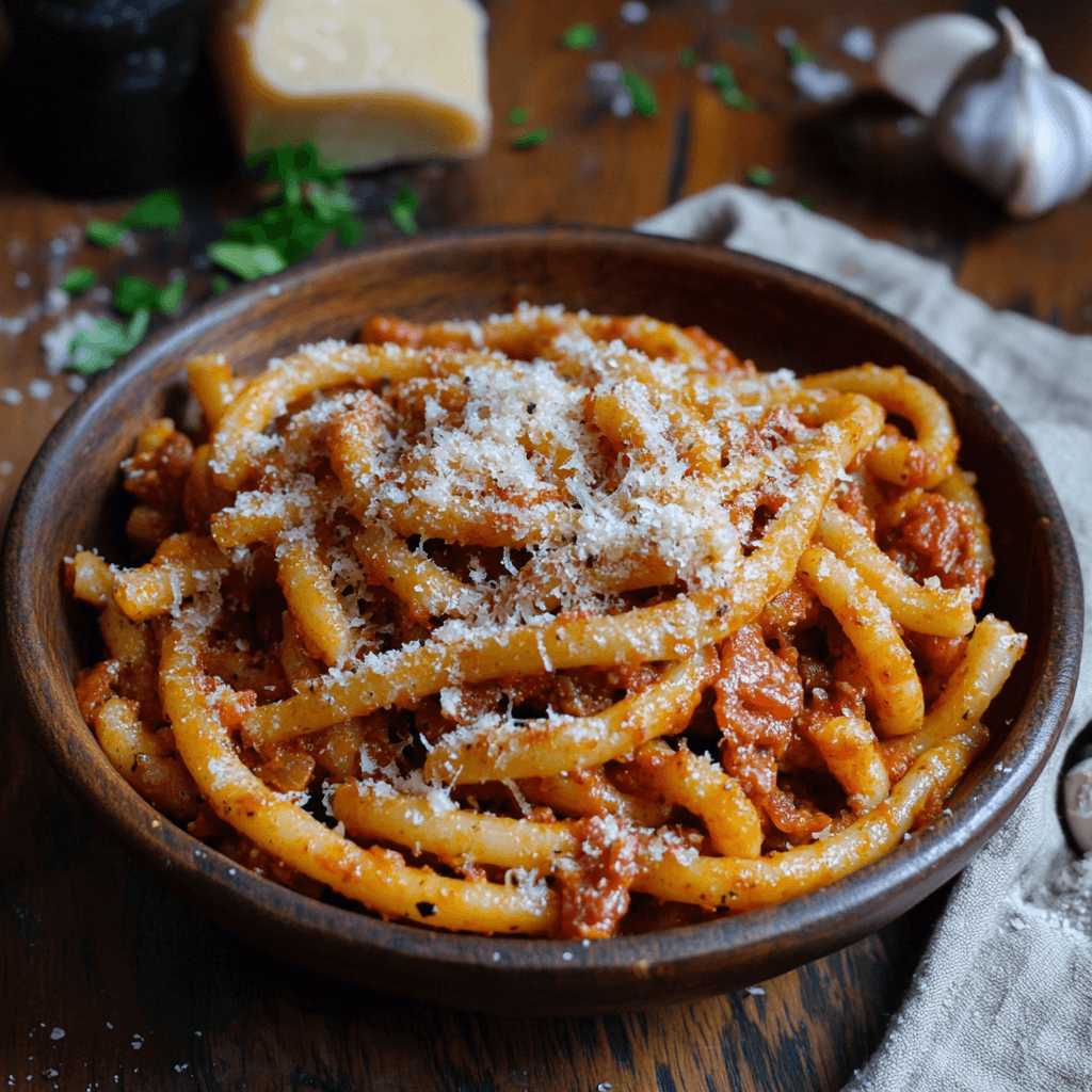 A plate of casareccia pasta, served with a savory tomato-based sauce and fresh basil.