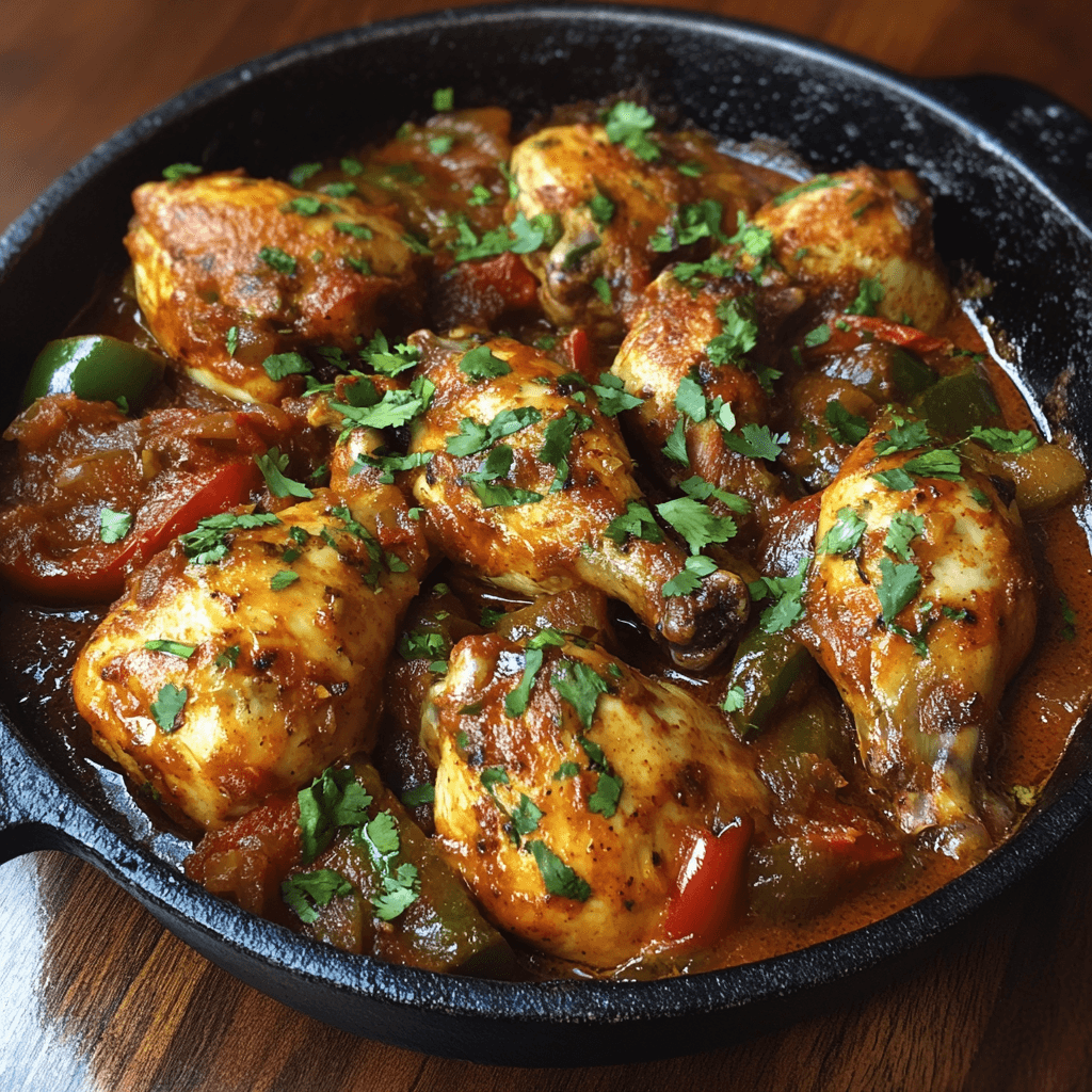 Juicy chicken thighs simmered in rich red chile sauce, garnished with fresh cilantro.