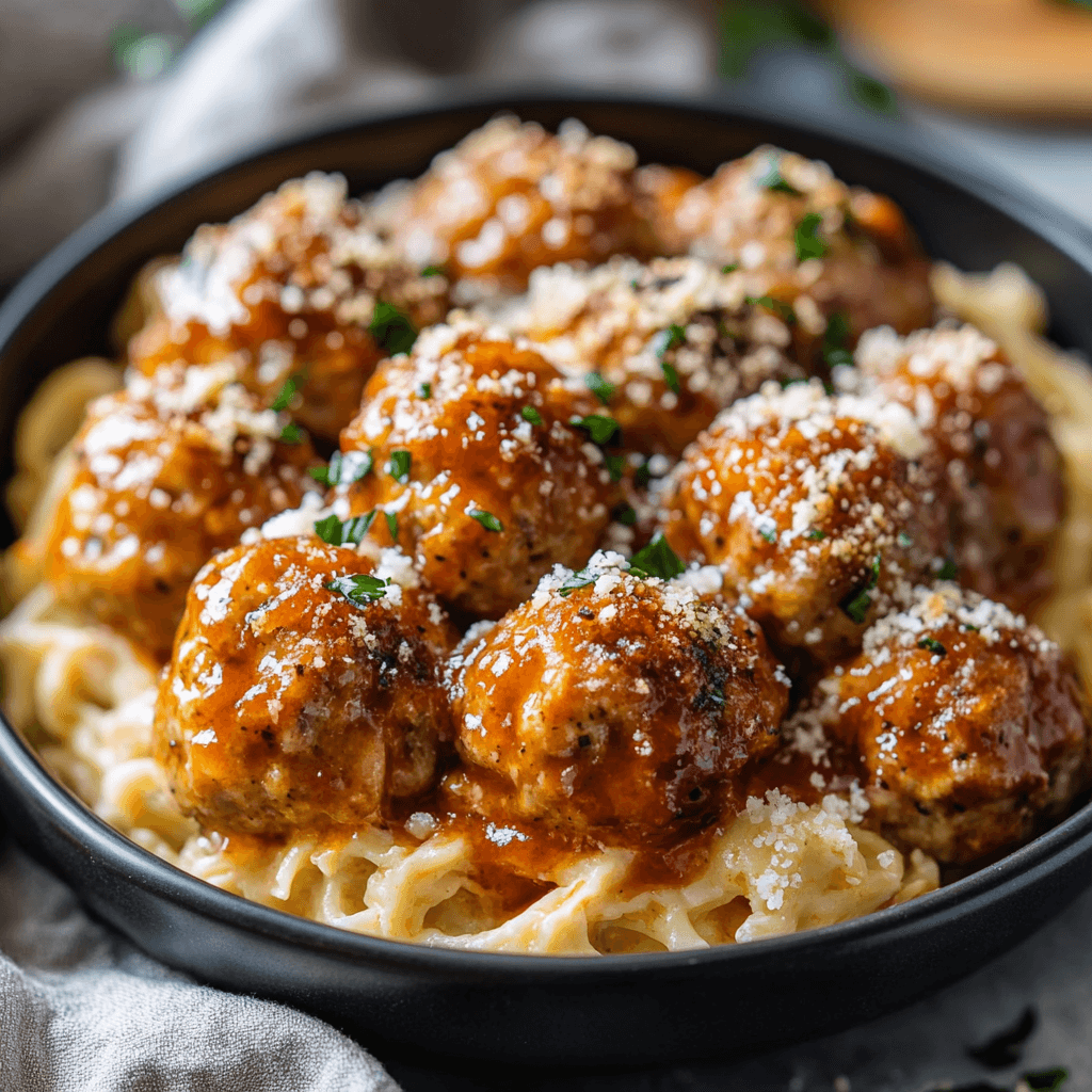 A tray of cooked Costco chicken meatballs served with marinara sauce.