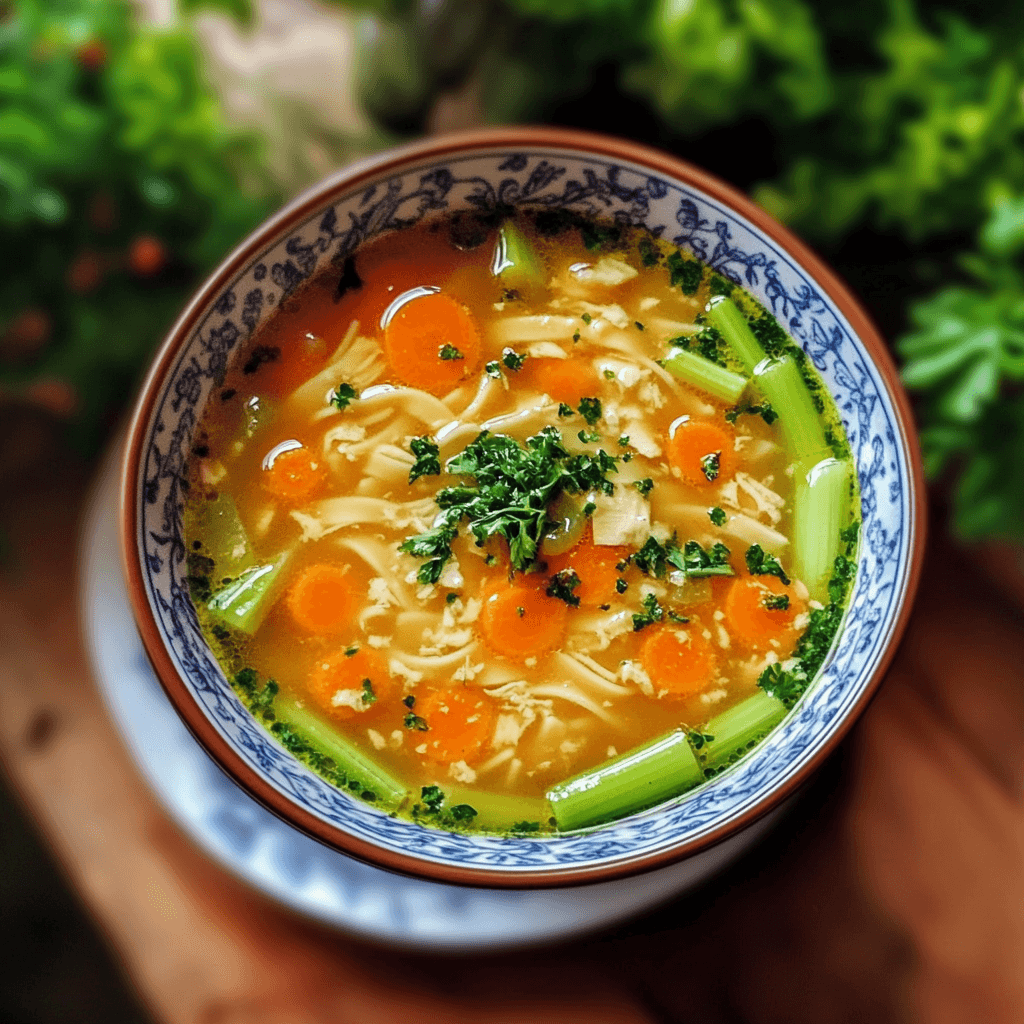 A steaming bowl of ginger chicken noodle soup with carrots and celery, garnished with fresh herbs.