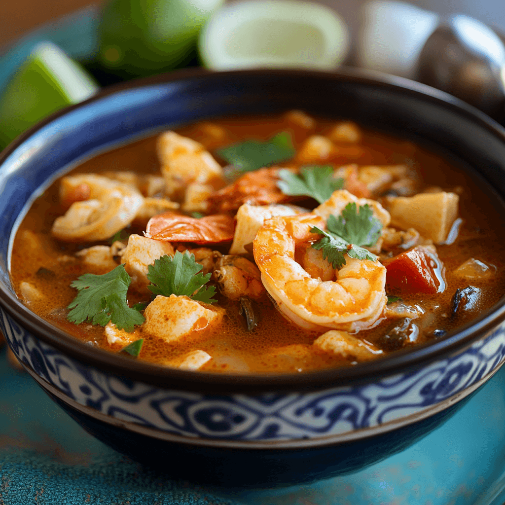 A steaming bowl of Sopa de Mariscos, a flavorful seafood soup with fresh shellfish, vegetables, and herbs.