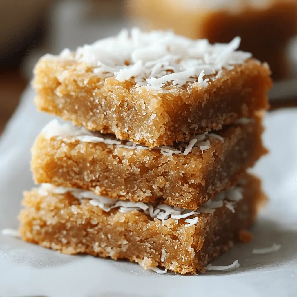 A close-up of chewy coconut bars with a golden-brown toasted top, cut into squares and stacked on a plate. The bars have a moist, dense texture with visible coconut flakes.