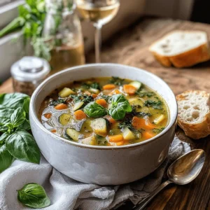 A bowl of steaming Menestron soup loaded with fresh vegetables, herbs, and grains, served with crusty bread.