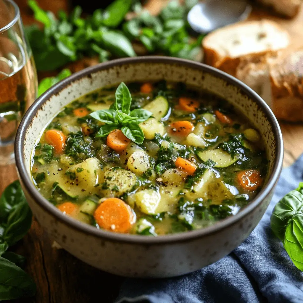 A warm bowl of Menestron soup filled with colorful vegetables, herbs, and grains, served with crusty bread on the side.