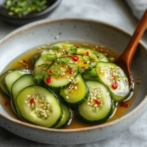 A refreshing Din Tai Fung cucumber salad with crisp cucumbers, tangy marinade, and garnished with fresh herbs.