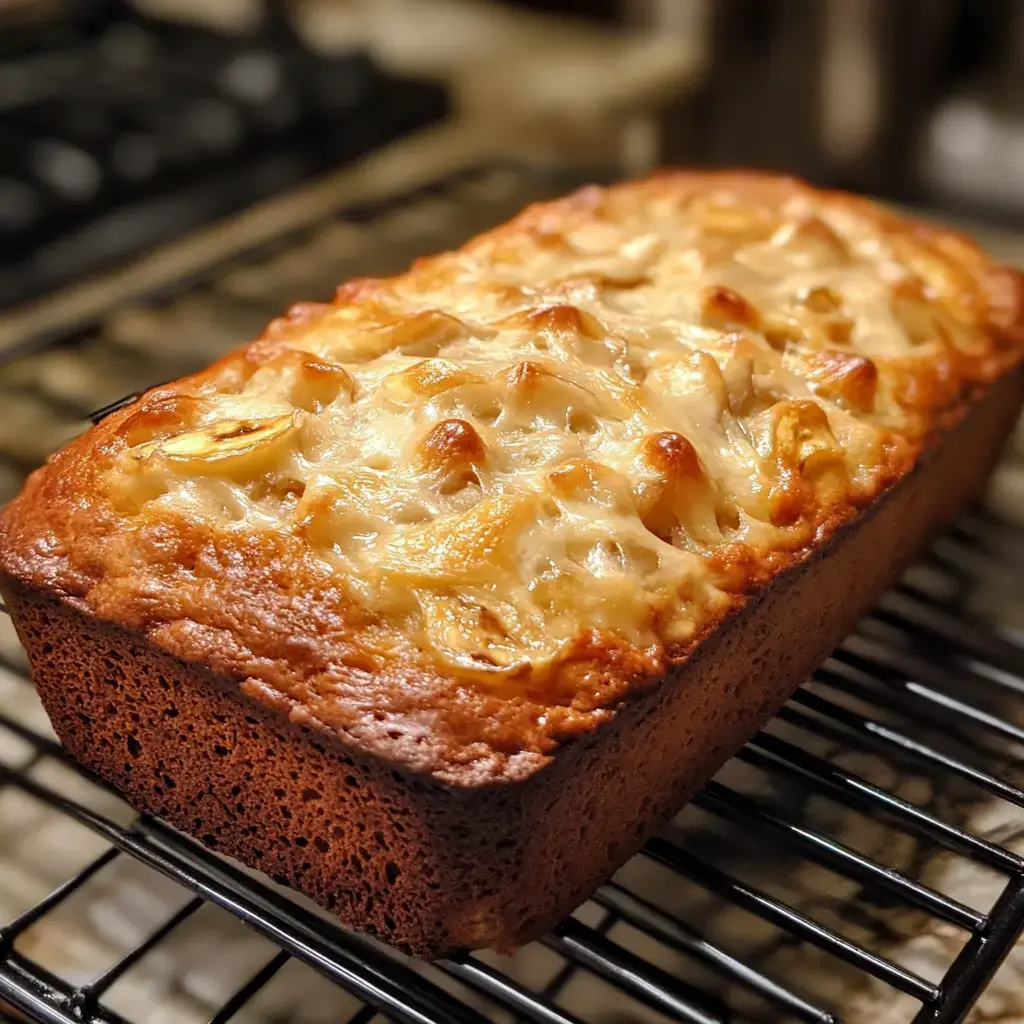 A freshly baked loaf of Paula Deen's banana bread sitting on a rustic wooden board, with steam rising from it.